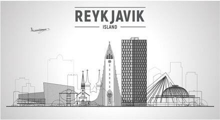 Reykjavik Iceland skyline with panorama in white background. Vector Illustration. Business travel and tourism concept with modern buildings. Image for banner or website. - obrazy, fototapety, plakaty