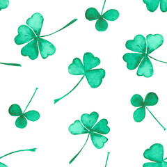 seamless pattern of watercolor clover, shamrock, quatrefoil for good luck. clover with red heart. hand draw leaves for st patricks day