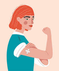 Vector illustration. Young woman with curly red hair showing vaccinated arm with patch. Vaccine distribution for general population.  Concept of herd immunity, minority vaccinated. - obrazy, fototapety, plakaty