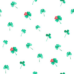 seamless pattern of watercolor clover, shamrock, quatrefoil for good luck. clover with red heart. hand draw leaves for st patricks day