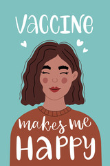 Vaccine distribution for general population. Flat portrait of young smiling woman in brown sweate. Calligraphy slogan print 