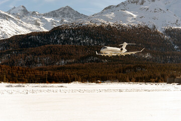 A private jet taking off at the Engadine St Moritz airport