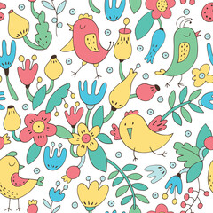 Seamless background with cute birds, plants and flowers.
