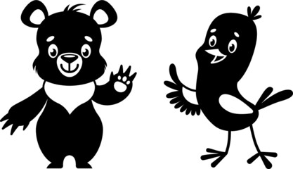 Black silhouettes of bear cub and little bird. Good for logos, t-shirt prints.