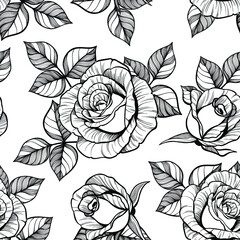 Rose seamless pattern. Isolated black line art. Good for textile design, backgrounds.