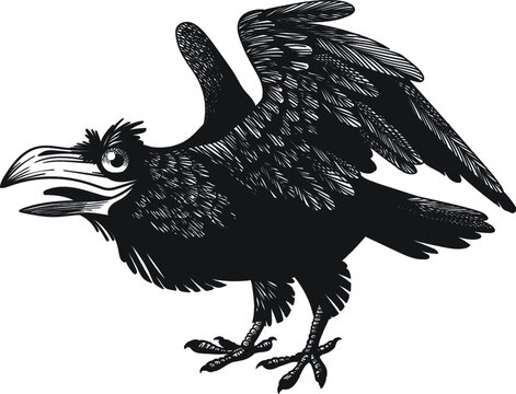 Black crazy cartoon raven. Isolated, no background. Engraving style.