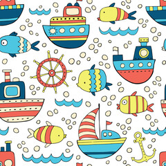 Seamless pattern with cute cartoon fish and ships.