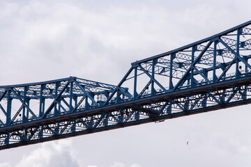 Close up details of blue steel Middlesborough Transporter Bridge, UK