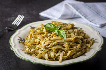 Tagliatelle pasta with cream and mushrooms, Fettuccine pasta.