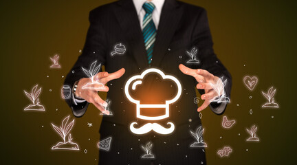 Hand holding food related icons