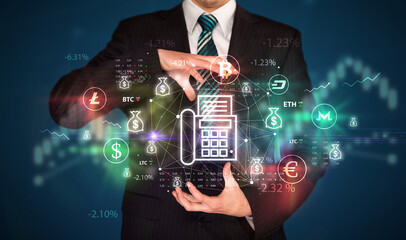 Businessman holding currency symbols concept