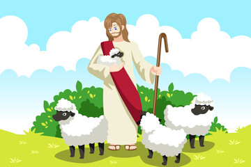 Jesus the Shepherd and Lambs Vector Illustration