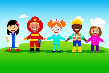 Children in Professionals Uniforms Vector Illustration