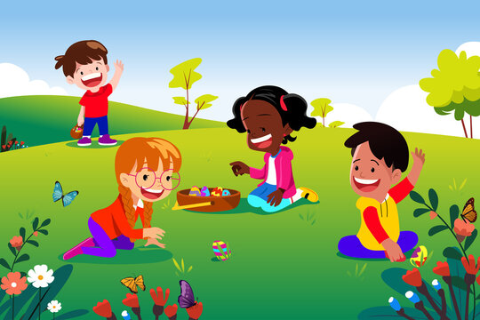 Children on Easter Egg Hunt Vector Illustration