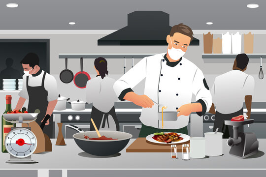 Professional Chef Wearing Masks in the Kitchen Vector Illustratoin