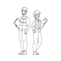 architect builder worker. Black Line Pencil Drawing Vector. construction engineer. man woman helmet. building house character web Illustration