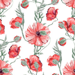 Summer botanical motif with red poppies on a white background in vintage style. Vertical flowers with graceful buds for summer textiles and surface design