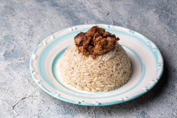 Turkish Meat Et Kavurma with rice - pilav (Turkish name; kurban kavurma, pilav ustu kavurma)
