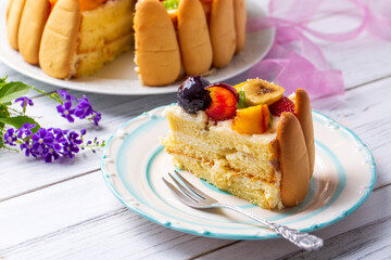 Delicious fruit cake (Turkish name; meyveli yas pasta, karisik meyveli yas pasta)