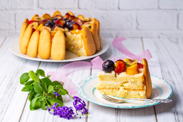 Delicious fruit cake (Turkish name; meyveli yas pasta, karisik meyveli yas pasta)