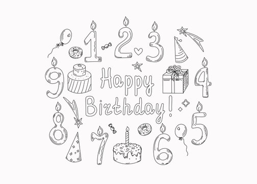 Happy birthday set of icons on the theme of the holiday. Numbers, pictures and text. Vector illustration in doodle style. Decor for registration of invitations, postcards. The background is isolated.