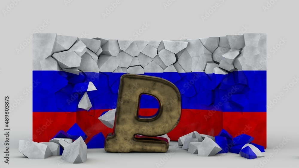 Poster 3d rendering of the ruble symbol and the destroyed wall with the color of the flag of russia. the ru