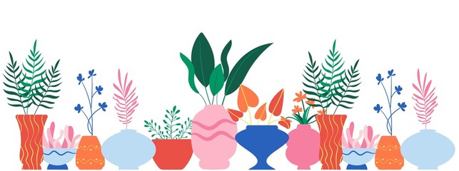Vector banner, background with indoor plants in colorful pots in boho style. Leafy indoor plants growing in flower vases. Beautiful interior with decor. Home garden. Flat illustration