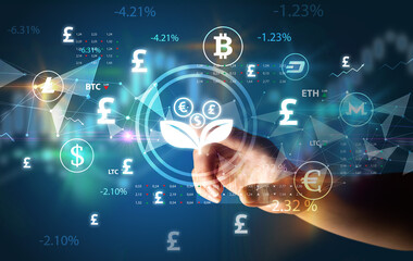 Business person hand pushing currency symbol on multimedia touch screen