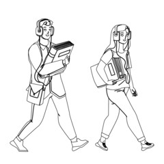 Audiobook Listening Boy And Girl On Street Black Line Pencil Drawing Vector. Young Man And Woman Walking With Book And Listen Audiobook In Earphones. Characters Electronic Gadget For Study