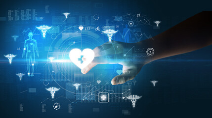 Doctor hand pressing futuristic health device with medical symbol on screen