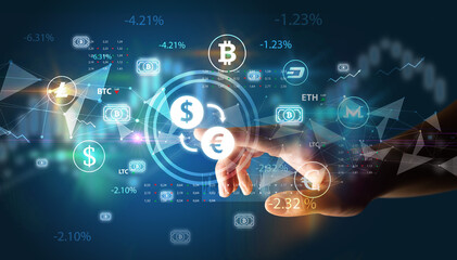 Business person hand pushing currency symbol on multimedia touch screen