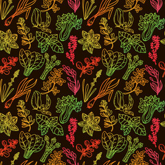 Seamless grass pattern, drawn element in doodle style. Silhouettes in rainbow colors n Herbs and spices - chili, vanilla, barberry, rosemary, bay leaf, etc. Pattern in a fashionable linear style.