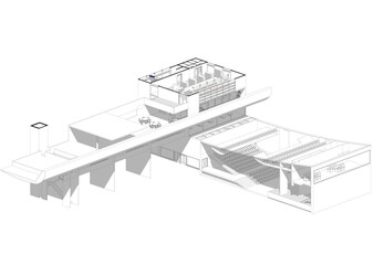 Architecture design: blueprint axonometry - Drawing illustration of a modern public equipment building / technology, industry, business concept illustration: 