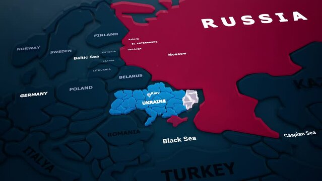 Schematic 3d animation of the of Ukraine and Russia with highlighted Lugansk, Donetsk and Kiev