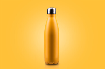 Close-up of yellow reusable thermo bottle, on yellow background.