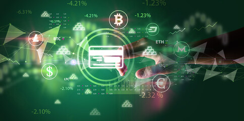 Business person hand pushing currency symbol on multimedia touch screen