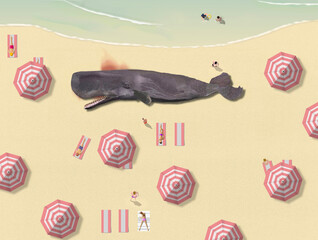 A dead whale on a crowded beach draws little attention in this  3-d illustration which exaggerates man’s indifference toward nature and the environment. - obrazy, fototapety, plakaty