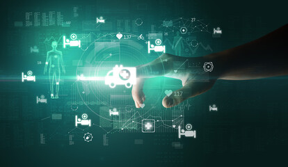 Doctor hand pressing futuristic health device with medical symbol on screen