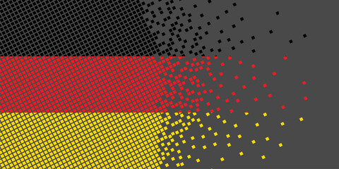 Pixel art with Germany flag. Pixel Dots grow by concentrating within the flag. The dots inside the Germany flag are pixel art representing unity and independence. Flag on black background.