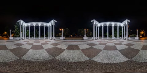 Cercles muraux Athènes night full seamless spherical 360 hdri panorama in center of city on square with colonnade in equirectangular projection, for VR AR content