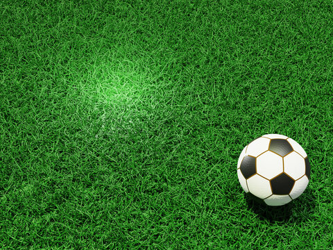 Football field White soccer ball. Normal pattern with red and white, Green grass background. 3D rendering