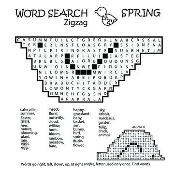 Zigzag Word Search Puzzle With Bird Shape. Words Go Right, Left, Down, Up, At Right Angles, Letter Used Only Once. Find Words. Logic Game For Learning English. Worksheet For Kids Or  Adults.