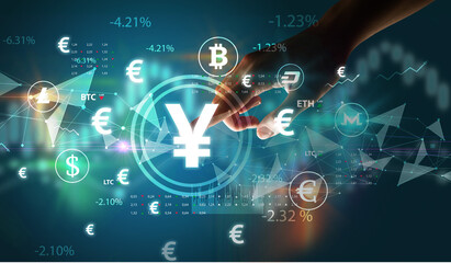 Business person hand pushing currency symbol on multimedia touch screen