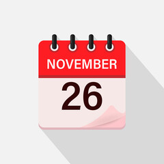 November 26, Calendar icon with shadow. Day, month. Flat vector illustration.
