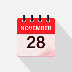 November 28, Calendar icon with shadow. Day, month. Flat vector illustration.