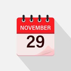 November 29, Calendar icon with shadow. Day, month. Flat vector illustration.