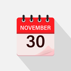 November 30, Calendar icon with shadow. Day, month. Flat vector illustration.