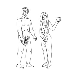 Adam And Eve Standing Together In Paradise Black Line Pencil Drawing Vector. Adam And Eve Holding Tree Leaf And Apple Fruit Stand Togetherness In Eden. Religious Characters Man And Woman Illustration - obrazy, fototapety, plakaty