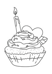 Coloring book for children. Cupcake with cream and a candle. Cake with a heart. Coloring book for the birthday boy and birthday girl.