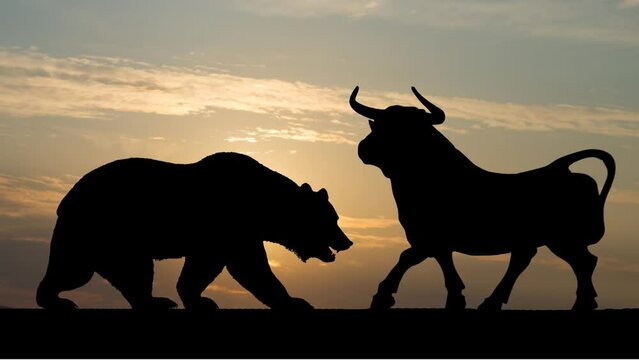 The Bear and the Bull, Symbolic Beasts of Finance in front of the Frankfurt Stock Exchange, Time Lapse at Sunrise with Colorful Sky